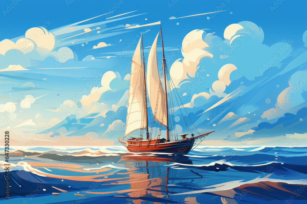 Sea travel and walks along the shore on a sailboat, a beautiful yacht with sails on the sea waves, illustration