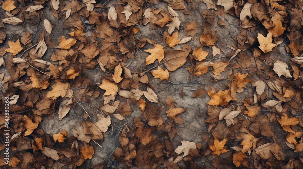 A top-view image of a park floor in autumn which reveals a carpet of dried leaves covering the ground. Between the leaves, empty spaces reveal the dry earth beneath