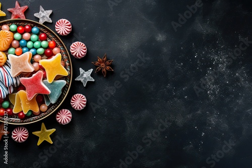 tasty christmas candy on dark background copy space