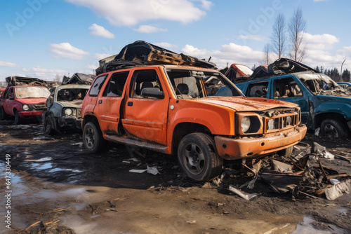 Junkyard of broken faulty cars, crushed cars at a scrap yard