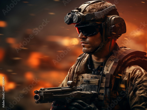 night vision device. Soldier Using Drone for Scouting During Military Operation. force on action with night vision device. Military warrior hold VR drone controller. Modern War. glasses. Generative ai