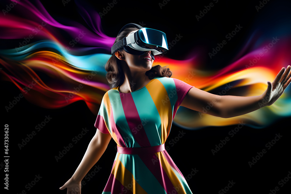 Young woman with a MR headset and experiencing virtual reality