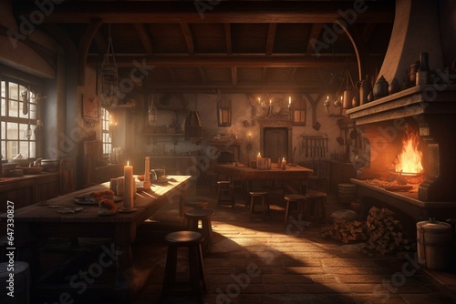 Image depicting a spacious tavern adorned with food, drinks, and a fireplace. Generative AI