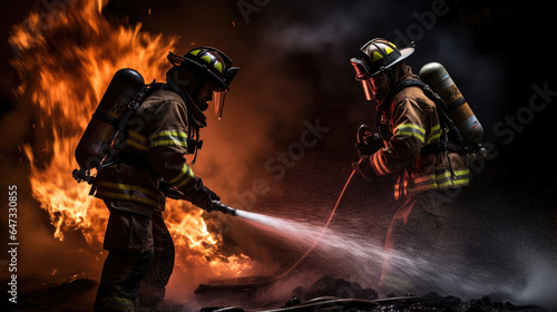 Portrait of a firefighters in equipment. Firefighters put out the fire