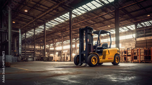 photograph of A forklift lifting in industrial plant. telephoto lens realistic natural lighting