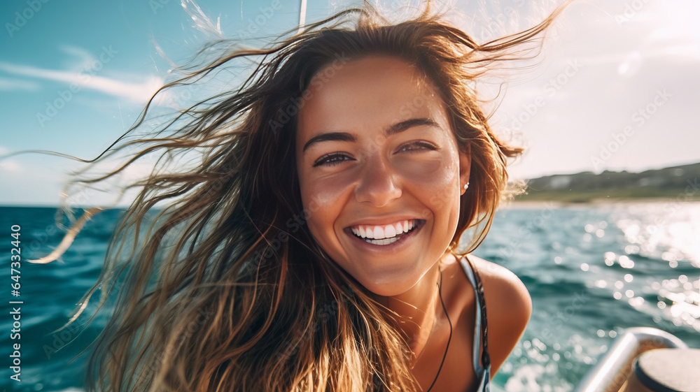 photograph of a smiling beautiful young woman vacationing on the sea , summer vacation photograph of a smiling beautiful young woman vacationing on the sea , summer vacation