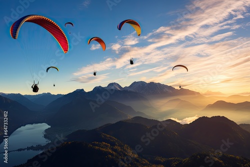 paragliding adventure flying with friends by the lake on mountain background at sunset