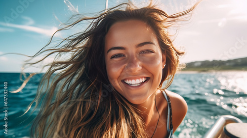 photograph of a smiling beautiful young woman vacationing on the sea , summer vacation © JKLoma