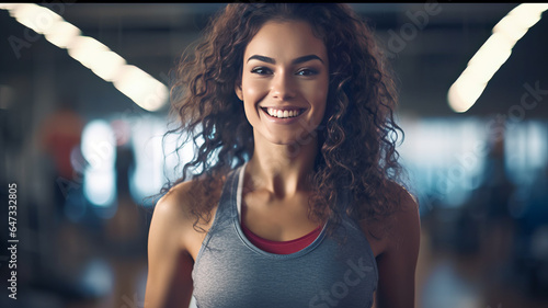 photograph of A smiling of Beautiful young woman wearing fitness fashion in a gym.