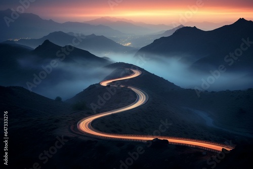 Enchanting, winding path with blurred car lights through misty desert scenery encompassing mountains and an isolated highway. Generative AI