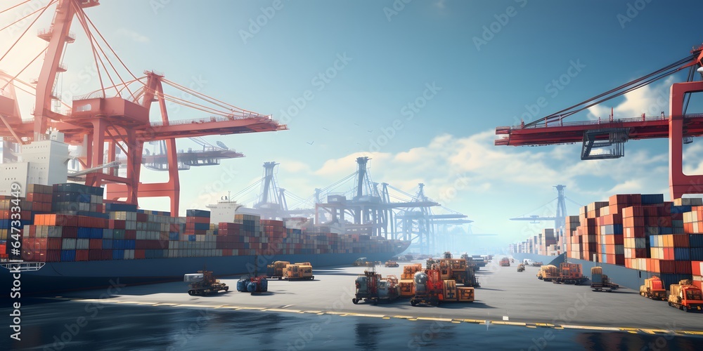 busy seaport with cargo ships being loaded and unloaded, cranes lifting containers, and logistics operations supporting global trade - obrazy, fototapety, plakaty 