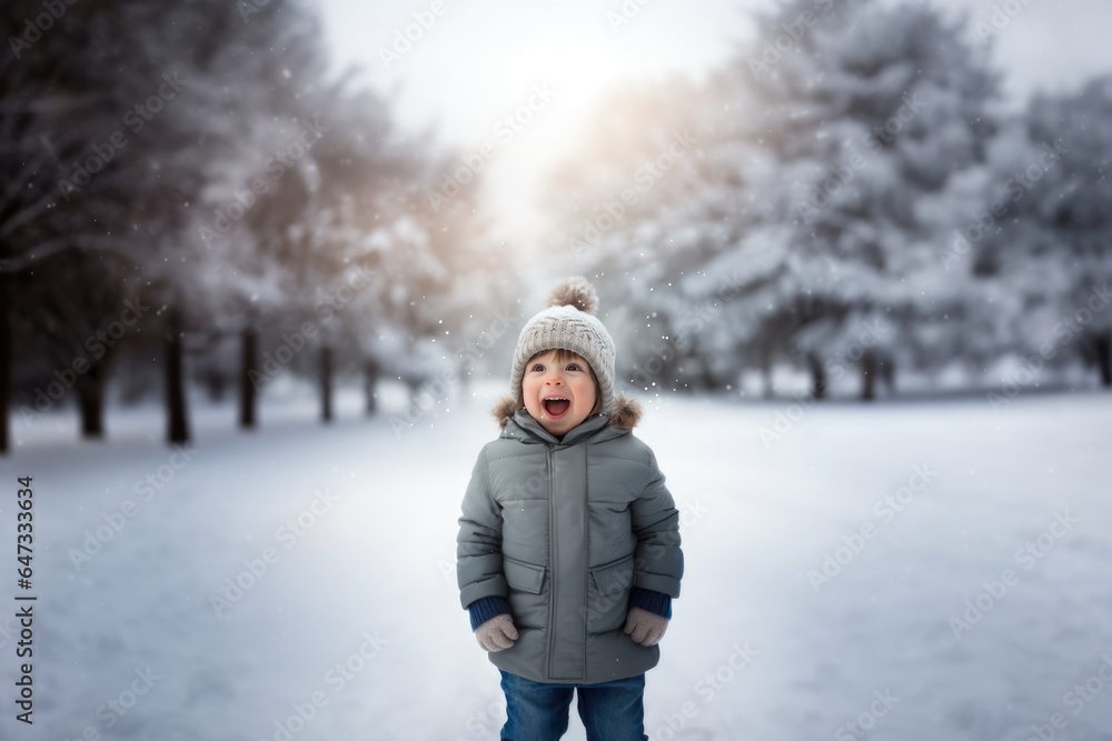 Cute child with happy face wearing a warm hat and warm jacket surrounded with snowflakes. Winter holidays concept. Cute child with happy face wearing a warm hat and warm jacket surrounded with snowflakes. Winter holidays concept.