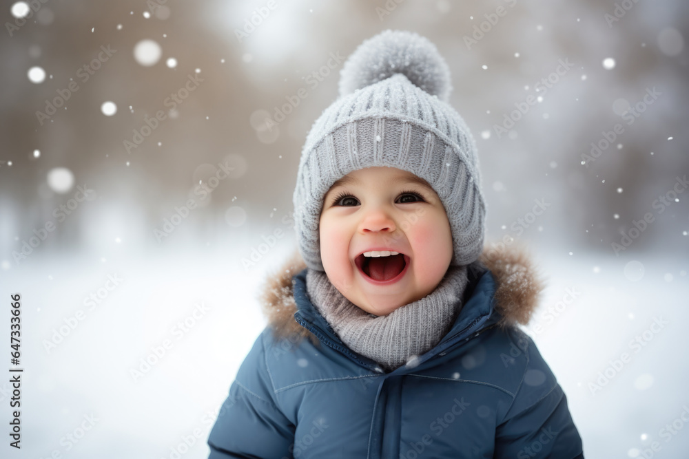 Cute child with happy face wearing a warm hat and warm jacket surrounded with snowflakes. Winter holidays concept. Cute child with happy face wearing a warm hat and warm jacket surrounded with snowflakes. Winter holidays concept.