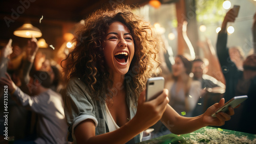 Excited hipster men and women rejoice in winning the Internet lottery, make bets on modern smartphone sites.
