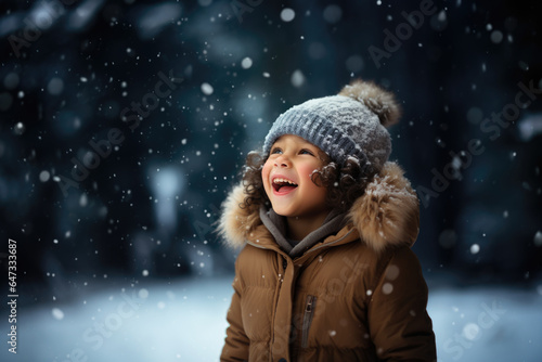 Cute child with happy face wearing a warm hat and warm jacket surrounded with snowflakes. Winter holidays concept.