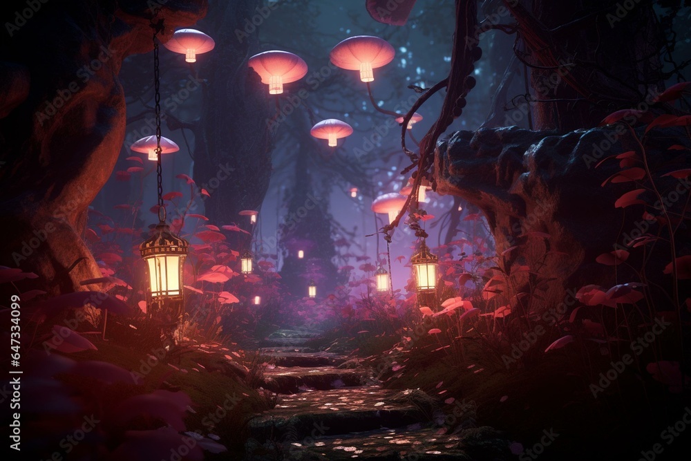 A mystical forest adorned with enchanting lanterns and luminescent mushrooms, intricately crafted with Unreal Engine 5, showcasing vibrant color coordination. Generative AI