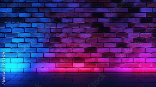 Neon lights on old grunge brick wall room background.