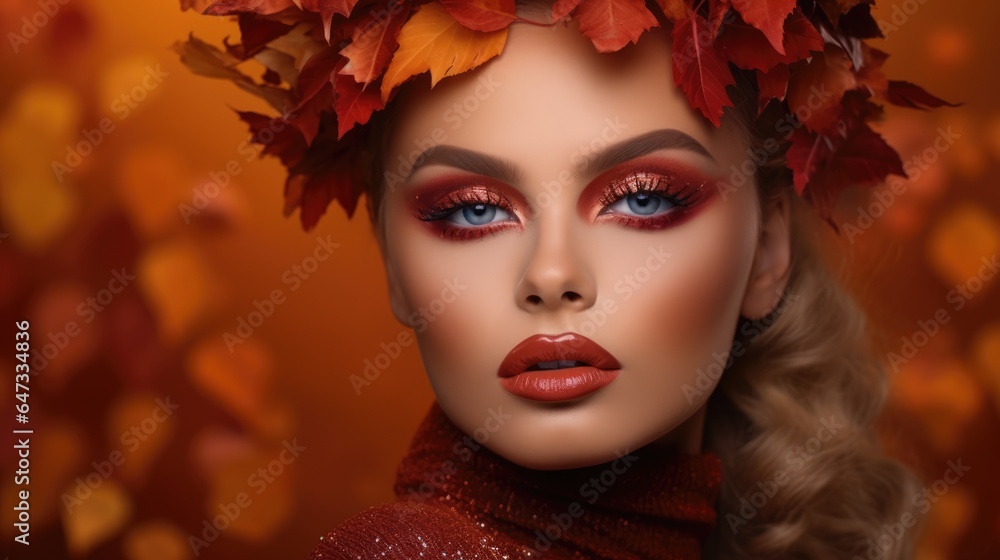 Autumn woman fashion portrait. Fall. Beautiful model girl with autumn leaves