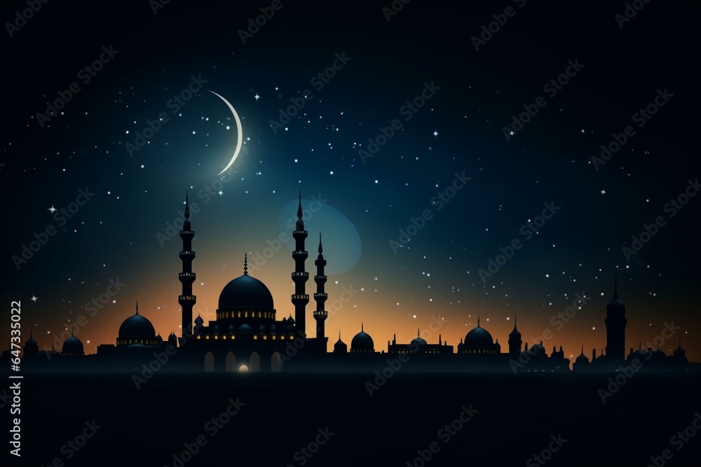 Silhouette of mosques with dome and crescent moon on dark twilight background, symbolizing religious Muslim events such as Muharram, Ramadan, Eid al-Fitr, and Islamic new year. Generative AI