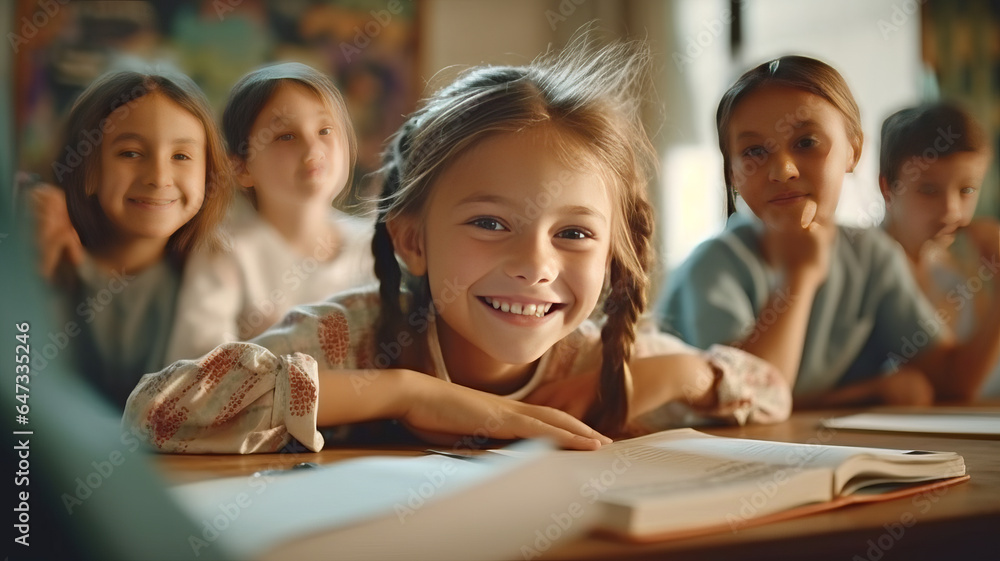 children studying in the classroom. learning and sitting at the desk. young cute kids smiling. children studying in the classroom. learning and sitting at the desk. young cute kids smiling.