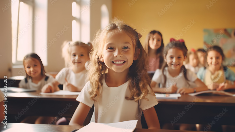 Fototapeta premium children studying in the classroom. learning and sitting at the desk. young cute kids smiling.generative ai