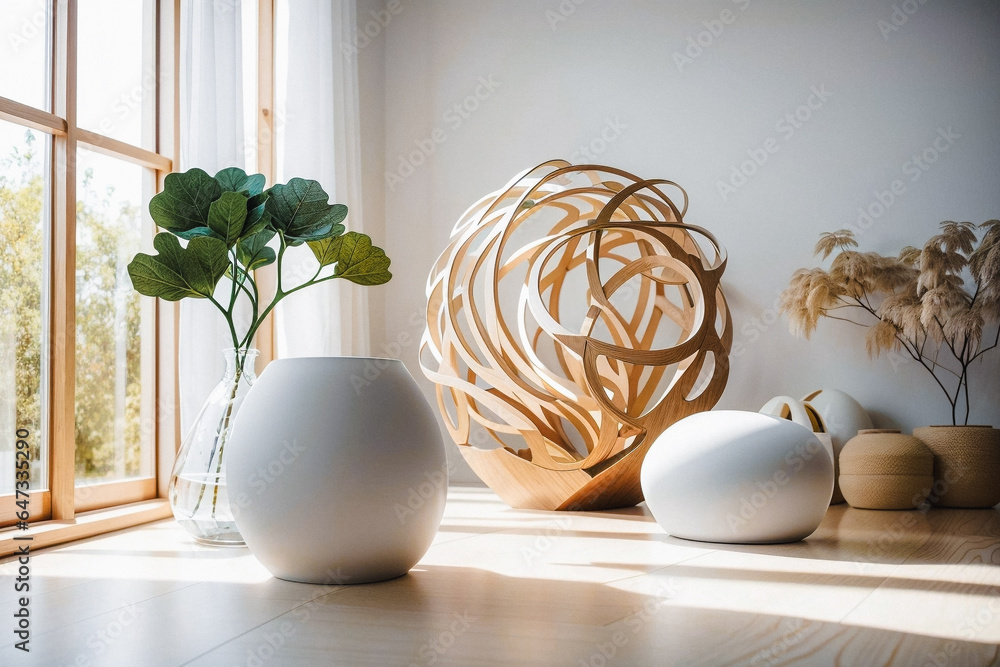 Modern, contemporary, minimalist Scandinavian room with bright natural lighting and organic sculptures - obrazy, fototapety, plakaty 