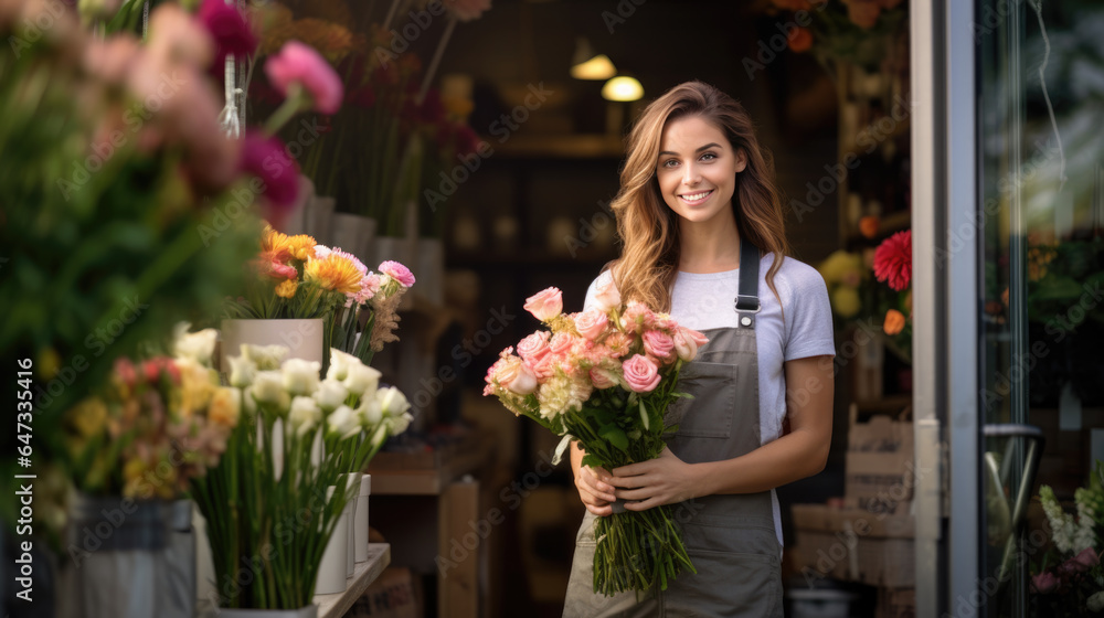 Smiling woman in apron with crossed arms standing against her flower shop