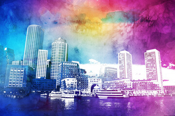 Fotobehang Aquarelschilderij wolkenkrabber  Skyline van Boston bij avond  © vivalapenler