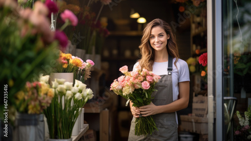 Smiling woman in apron with crossed arms standing against her flower shop © MP Studio