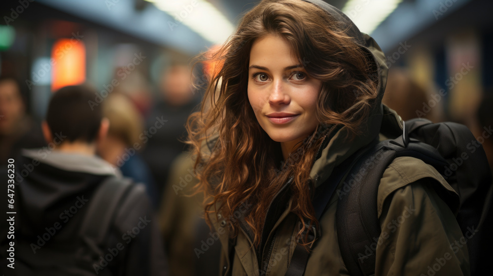 public transport concept , beautiful woman with backpack in subway hall or platform of the station or air terminal.