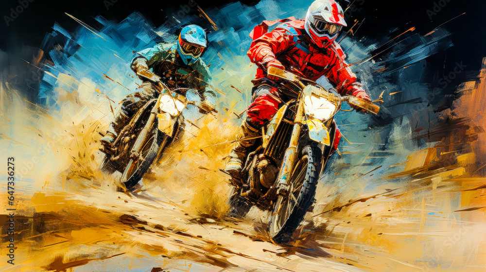 Fototapeta premium Painting of a Motorcycle Race Abstract Surreal Digital Art Generative AI Background Wallpaper Poster Cover Magazine