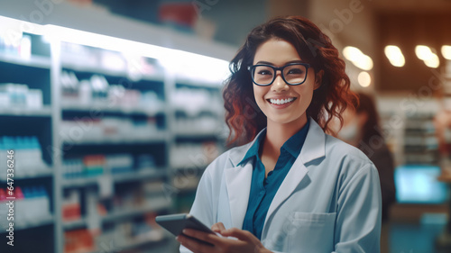 Portrait of smiling cute asian doctor woman working in drugstore with digital tablet