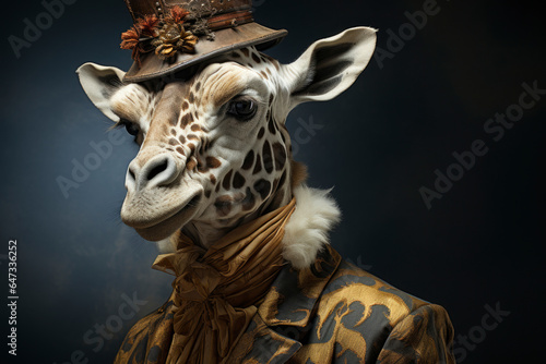 Humanised animals concept. funny character personage. humanized giraffe in suit and tie on dark background. historical portraits © Анна Мартьянова