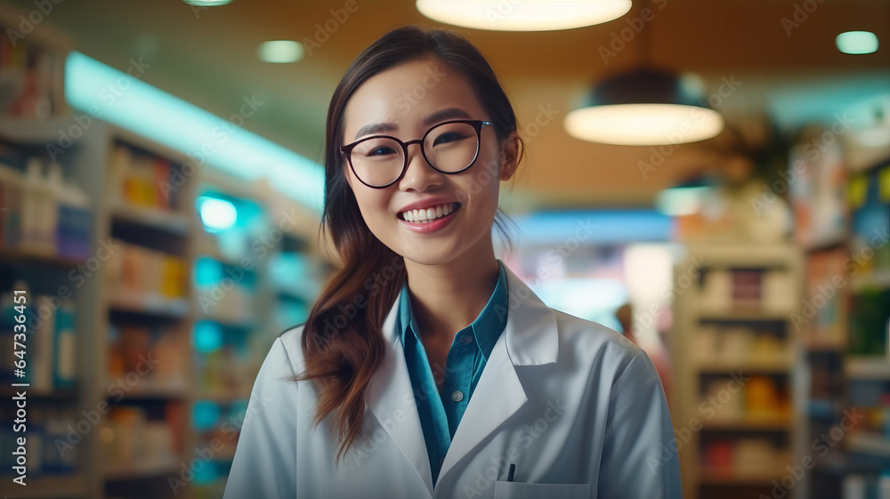 Portrait of smiling cute asian doctor woman working in drugstore with digital tablet