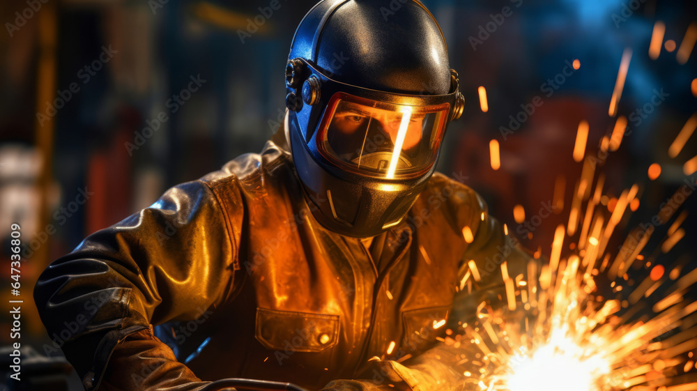 Worker or Welder wear safety gear who perform arc welding in the factory.