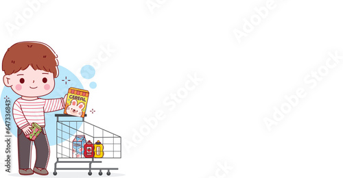 A man shopping cart with breakfast cereal milk Ketchup and Mayonnaise. Supermarket trolley. Vector illustration