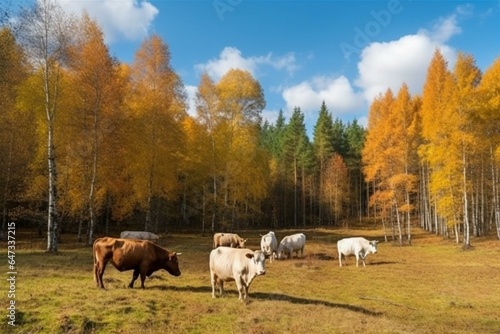 Cows grazing in Gauja forest on sunny autumn day. Generative AI