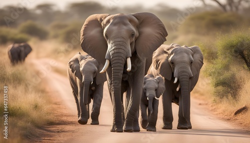 A elephant family walking on the forest road.