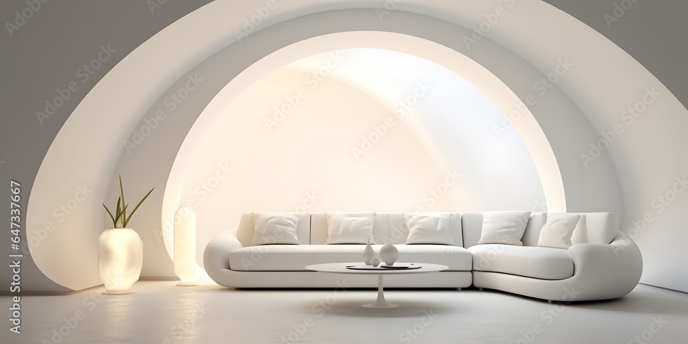 Curved white sofa in room with arch. Minimalist home interior design of modern living room Curved white sofa in room with arch. Minimalist home interior design of modern living room