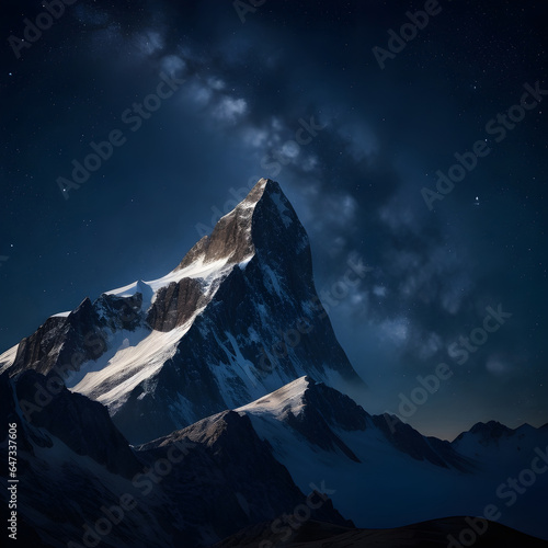 Nighttime Splendor: Majestic Snowcapped Mountain Peak in Starlit Landscape