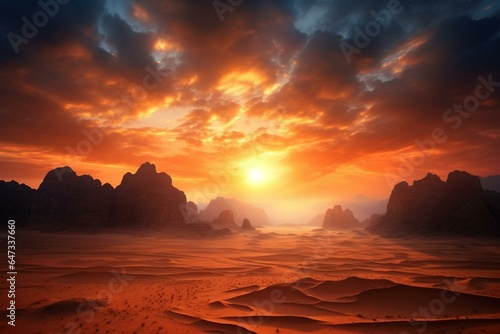 Scenic sunrise over Ahaggar Mountains in Algeria's Sahara Desert. Generative AI