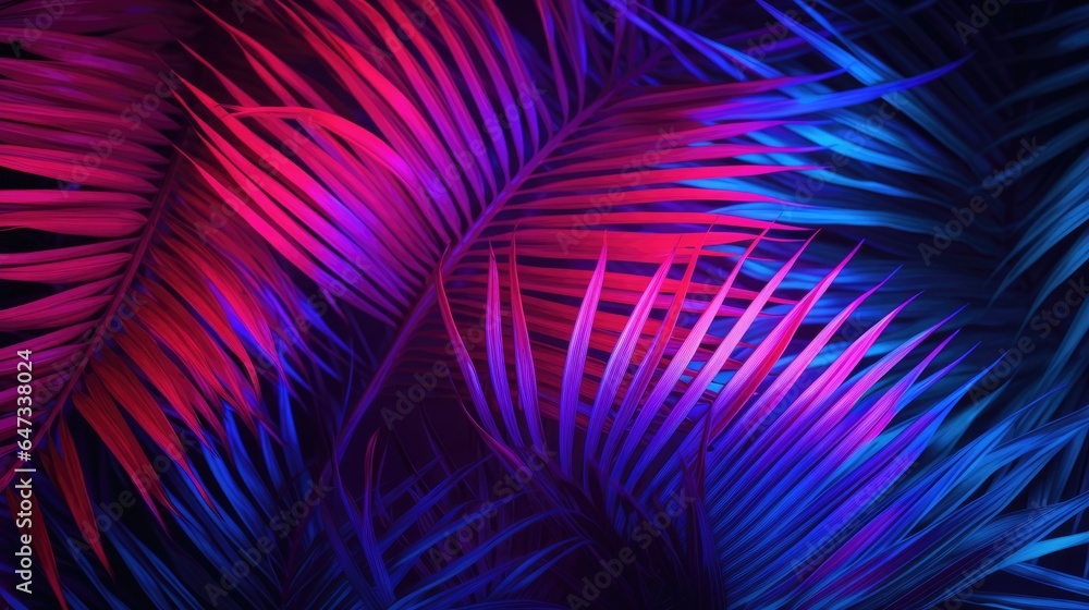 Light and shade on palm leaf background, blue purple toned - obrazy, fototapety, plakaty 