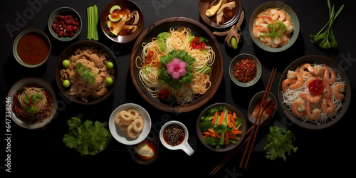 Traditional Thai food on dark background. Oriental food concept. Top view, flat lay, panorama