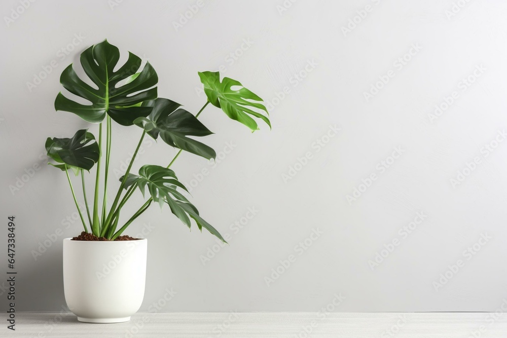 Monstera plant in gray pot on white pedestal in hipster Scandinavian room. Empty white wall and copy space. Generative AI