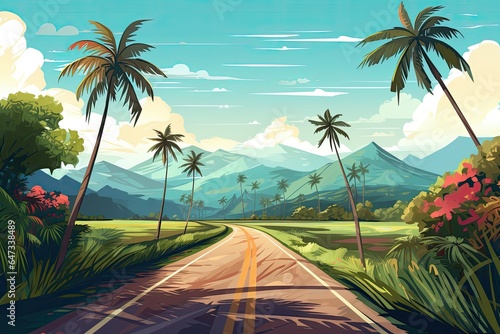 summer paradise road trip with beautiful tropical palm trees illustration