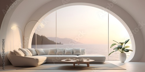 Curved white sofa in room with arch. Minimalist home interior design of modern living room