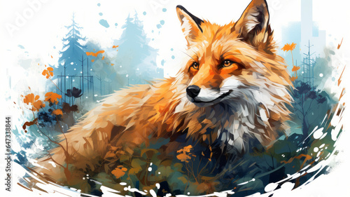 vector art of Watercolor fox with double exposure effect . Flat vector illustration © JKLoma