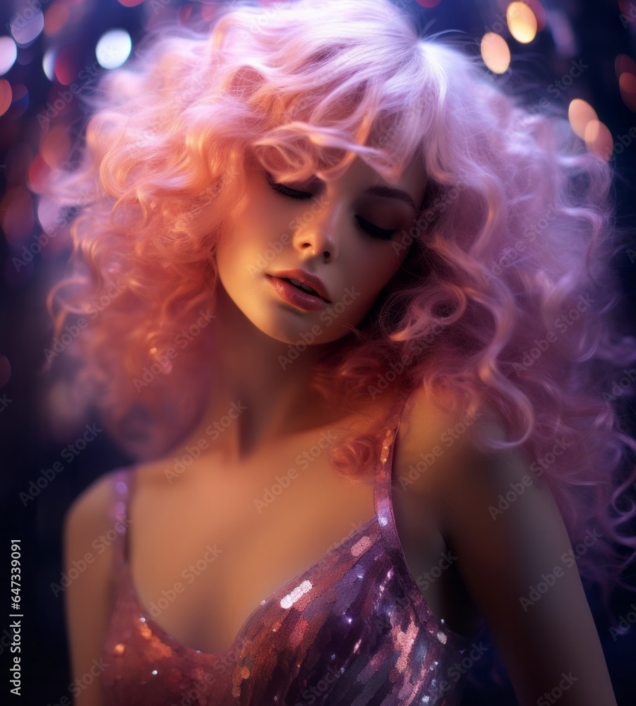 A beautiful portrait of a woman with pink hair and pink dress, surrounded by glitter and confetti, celebrates the start of a new year and christmas, like a sparkling doll come to life