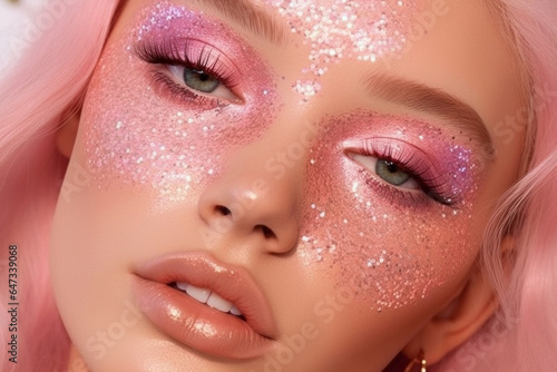 A beautiful y2kwoman with a fashionable pink makeup with glitter and confetti, celebrates the new year in style, capturing the joy of festive season with her striking pink hair and glamorous cosmetics
