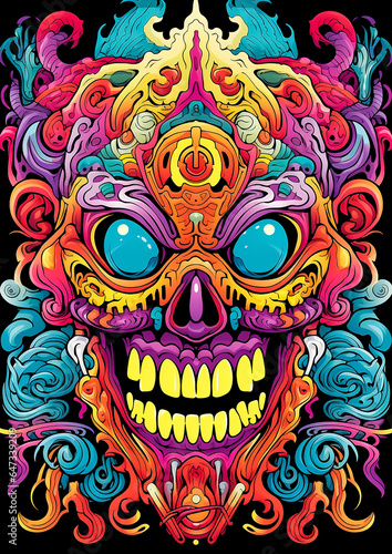 Colorful handmade illustrated of Vintage hollow face of Demon in mandala style  © beshoy